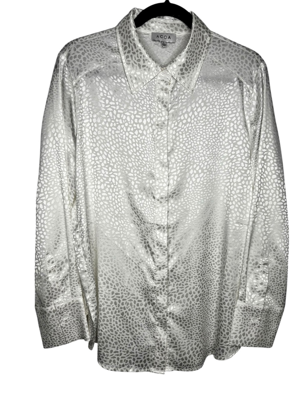 ACOA Womens White Silver Satin Long-sleeve Button-down Chic Casual Size Large